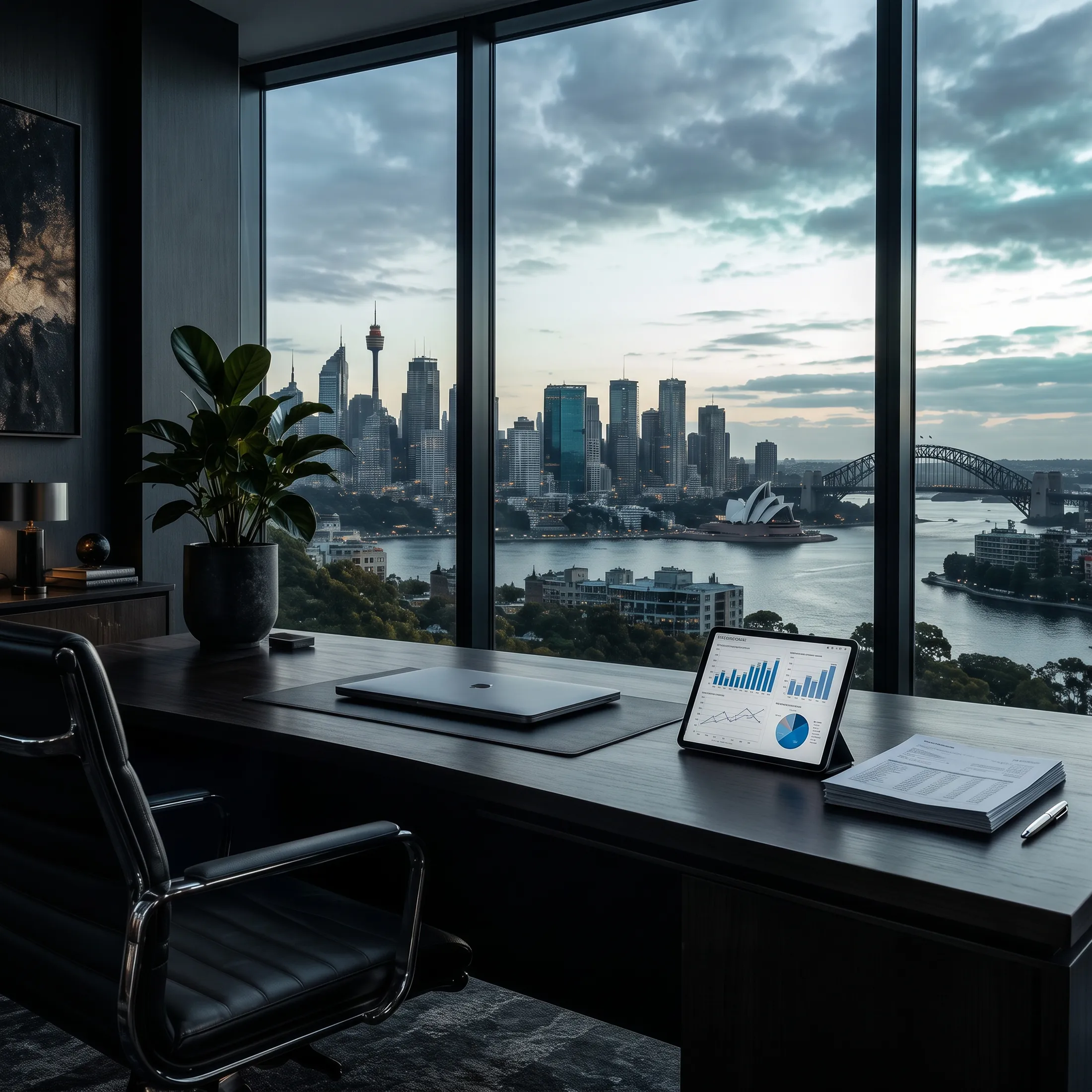 Financial reports and analysis tablet in a Sydney harbour-view executive office