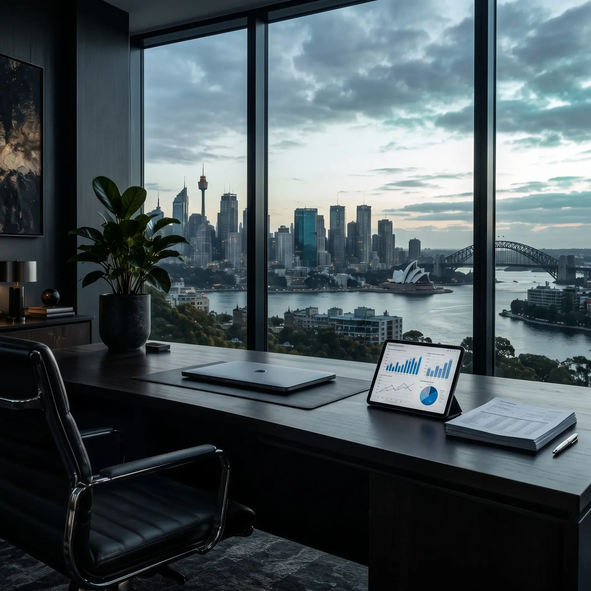 Financial reports and analysis tablet in a Sydney harbour-view executive office