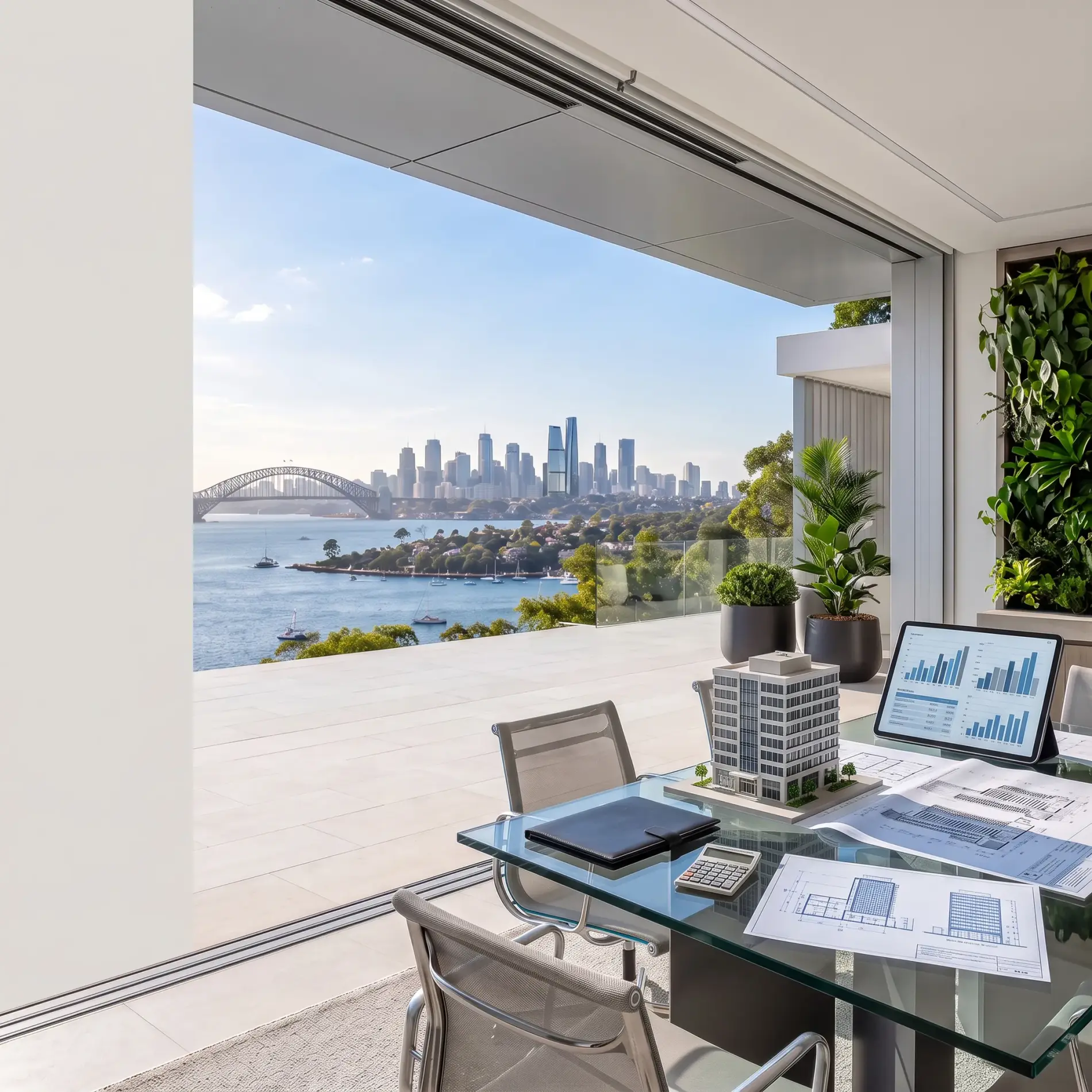 Commercial building model, property blueprints, calculator and financial charts overlooking Sydney harbour